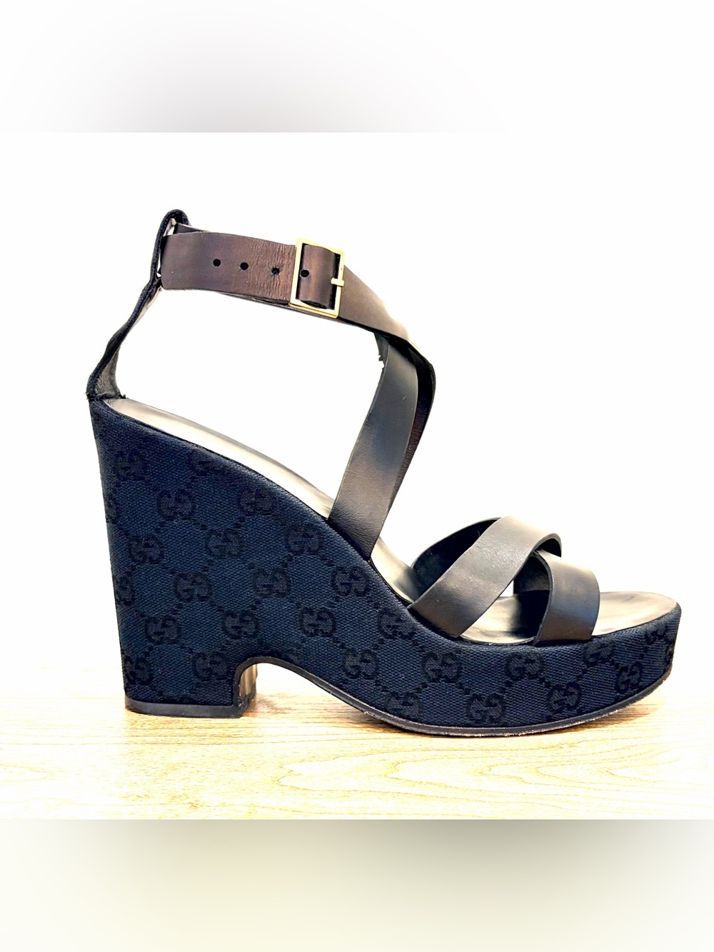 Gucci Black Leather & Monogram Platform Wedges